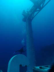 Scuba diver at the tower on the Vandenberg wreck in Key West